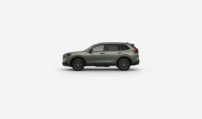 2027 Honda CR-V TrailSport Hybrid in Ash Green Metallic profile on white studio background (Compact Crossover SUV). 2027 Honda CR-V TrailSport Hybrid in Ash Green Metallic profile on white studio background (Compact Crossover SUV).