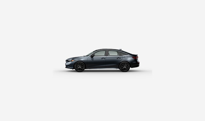 2027 Honda Civic Sedan Sport Hybrid in Meteorite Gray Metallic profile parked in a clean white studio setting (Compact Sedan). 2027 Honda Civic Sedan Sport Hybrid in Meteorite Gray Metallic profile parked in a clean white studio setting (Compact Sedan).