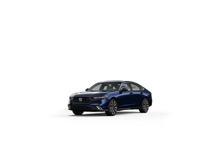 2026 Honda Accord Touring Hybrid in Canyon River Blue Metallic, three-quarter view, in a professional studio environment (Mid-Size Sedan). 2026 Honda Accord Touring Hybrid in Canyon River Blue Metallic, three-quarter view, in a professional studio environment (Mid-Size Sedan).